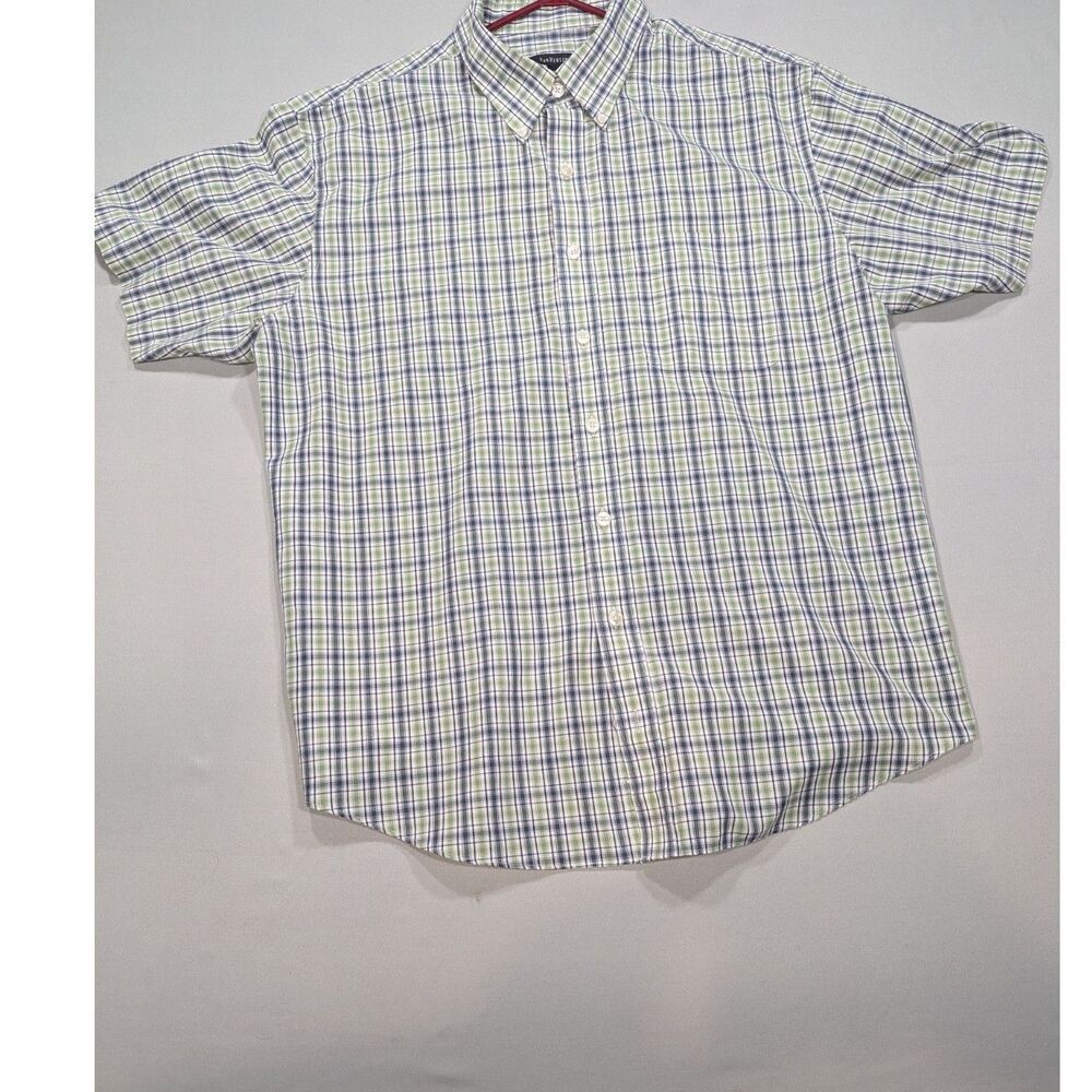 Van Heusen Mens 1XL 18-18.5 Plaid Short Sleeve Button Down Shirt Green Blue
